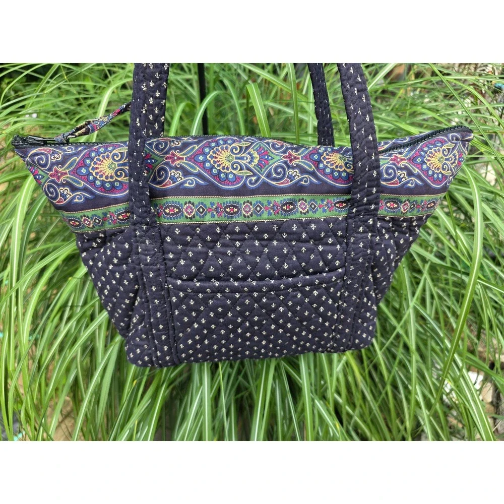 Vera Bradley Provencal Quilted Cotton Zip Top Tote Bag Navy Paisley Shoulder Bag